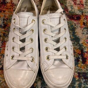 White Leather Low Top converse Sneakers with Gold Eyelets